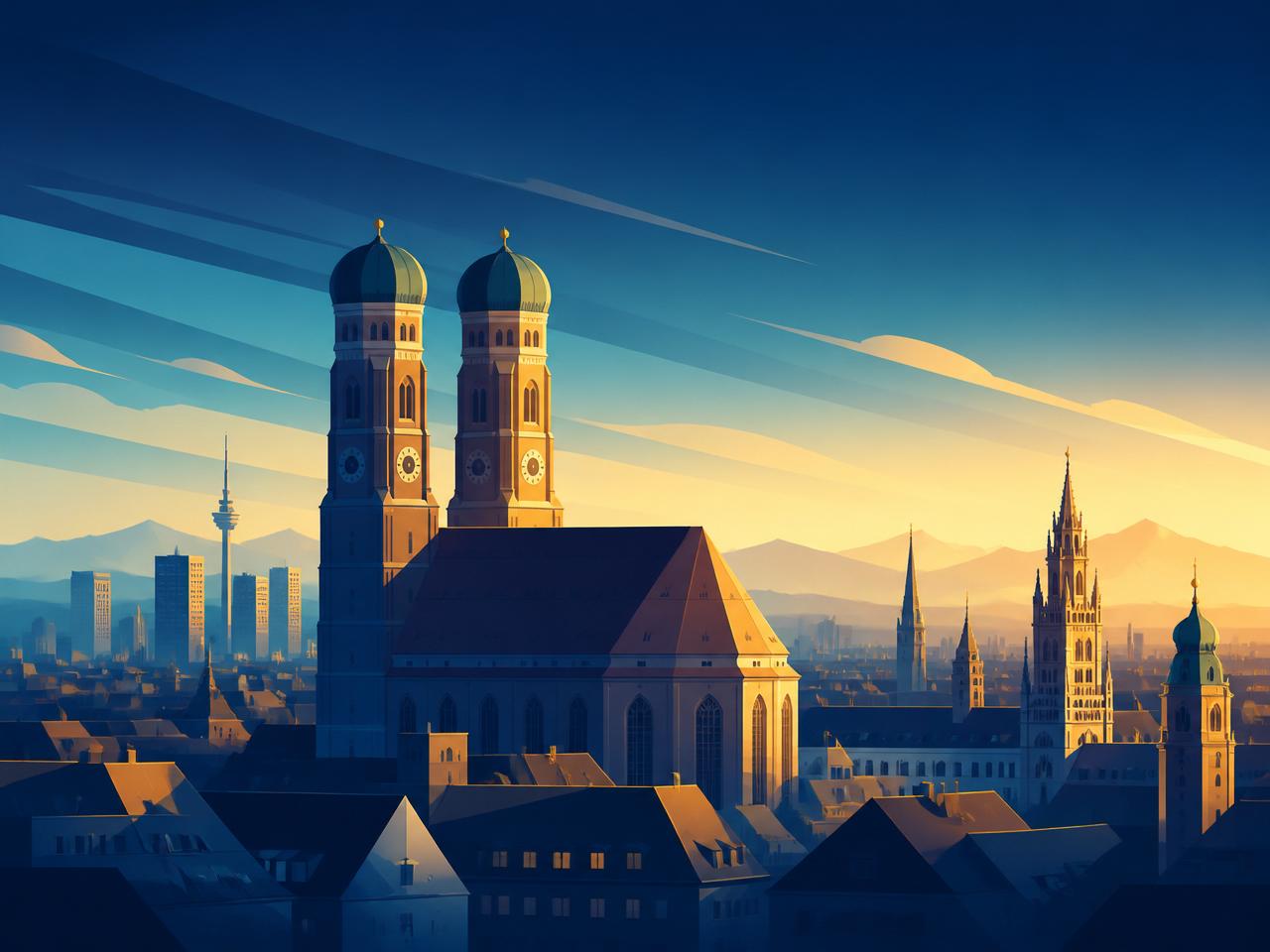 Münchner Skyline mit Frauenkirche im goldenen Abendlicht
