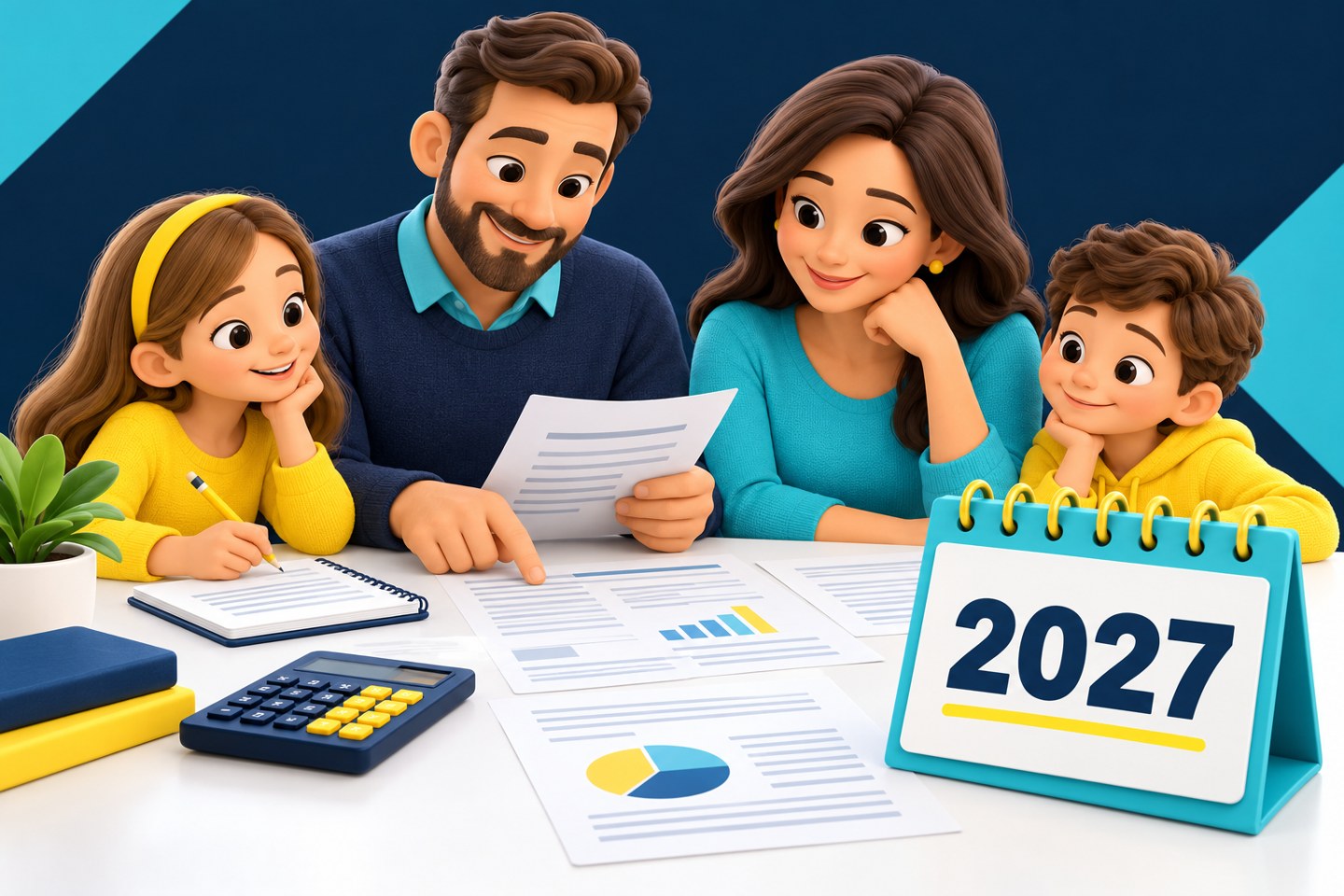 Illustration einer Familie beim Prüfen von Unterlagen mit Taschenrechner und Kalender für 2027