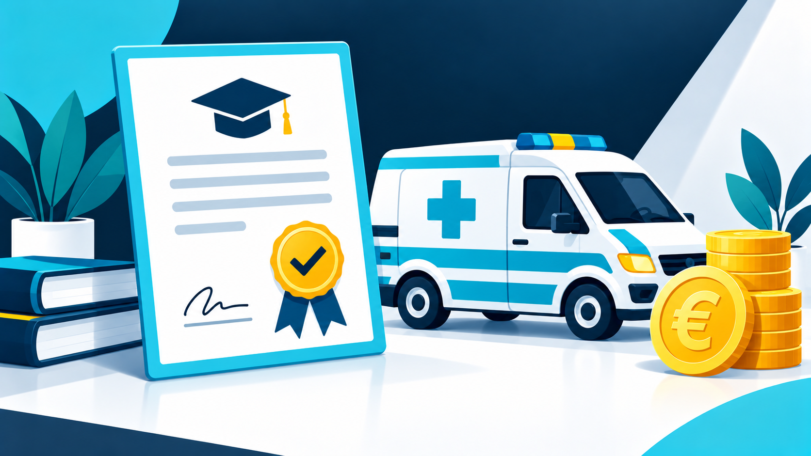 Rettungswagen-Symbol, Ausbildungszertifikat und Kindergeld-Formular
