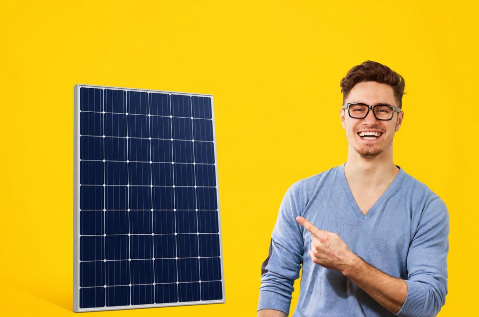 Mann zeigt auf ein Solarpanel