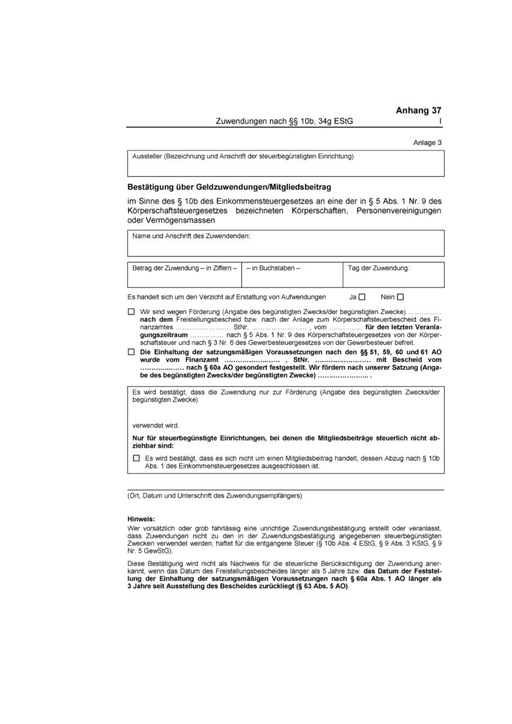Beispiel einer Spenden bescheinigung