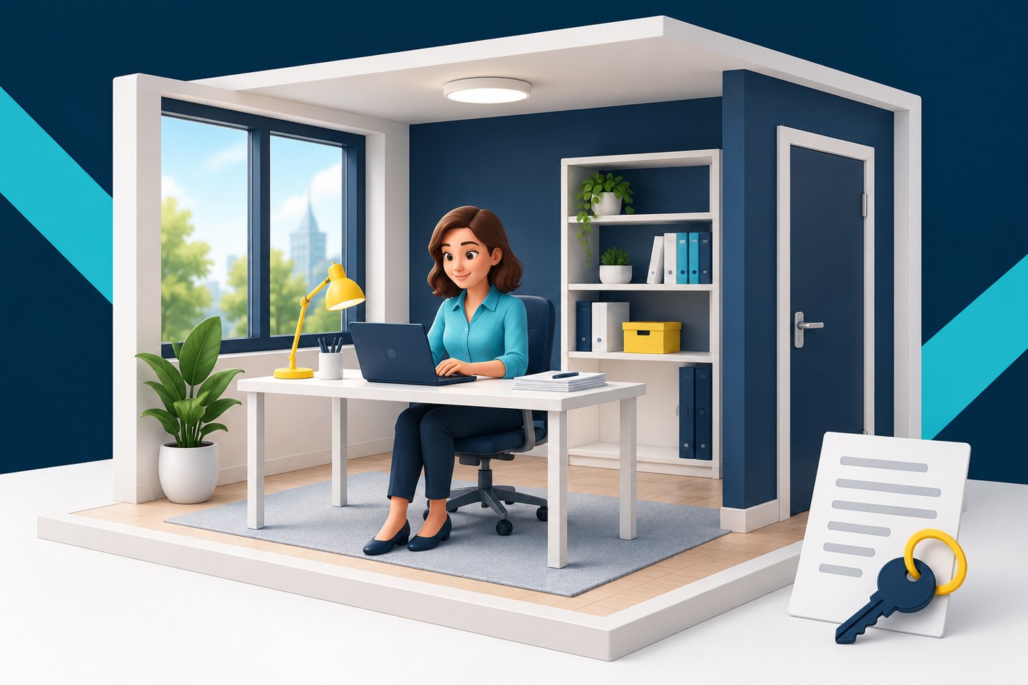Illustration einer Frau am Laptop in einem separaten Arbeitszimmer, daneben Schlüssel und Mietunterlagen