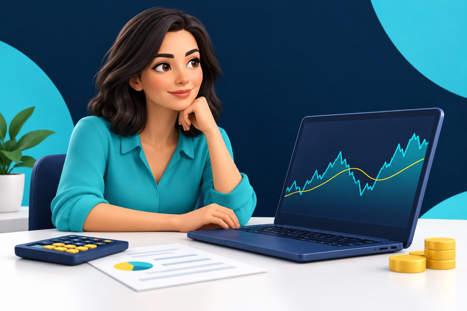 Illustration einer Anlegerin am Laptop mit Kursdiagrammen, Münzen und Unterlagen