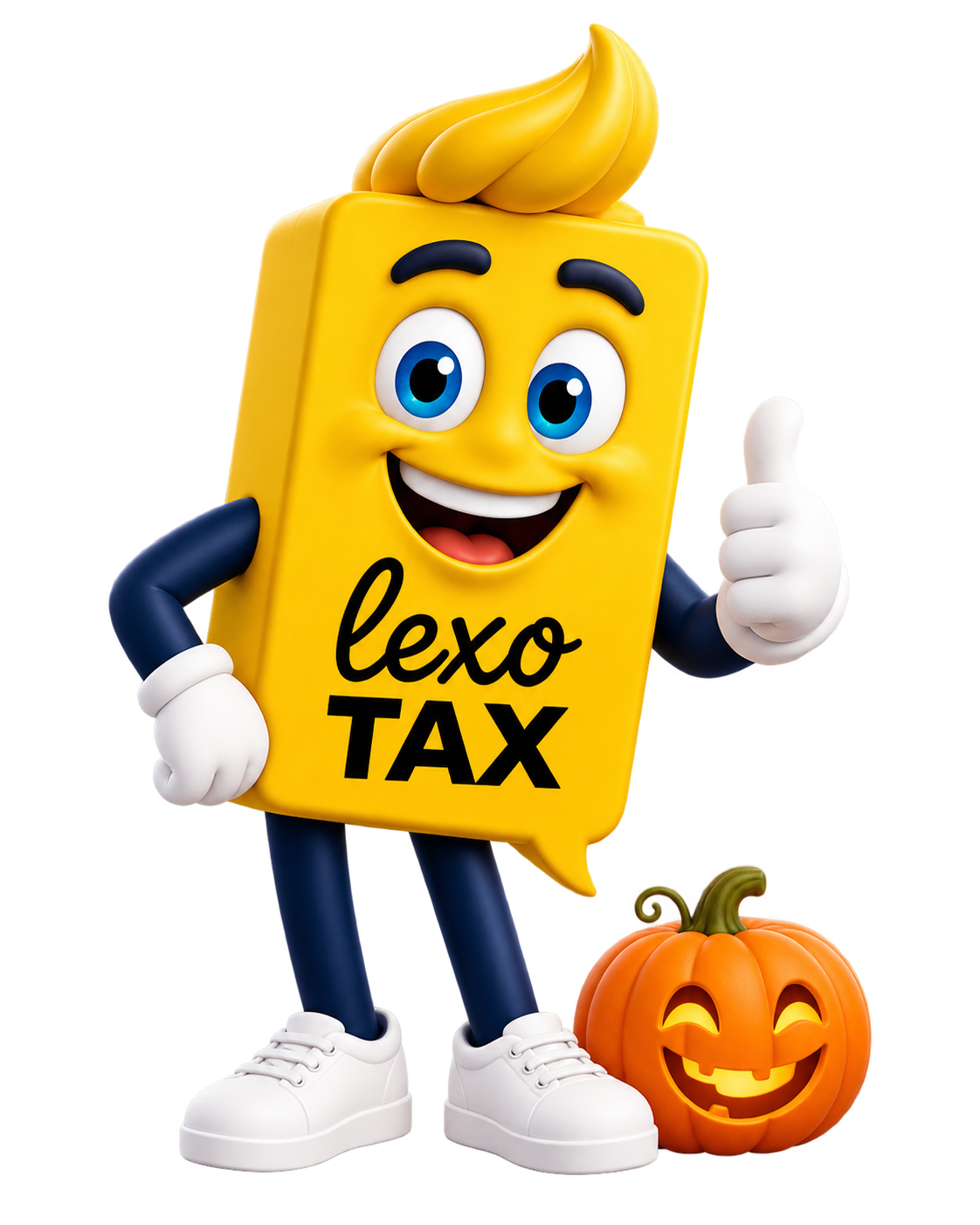 Lexo.Tax-Maskottchen mit Halloween-Kürbis