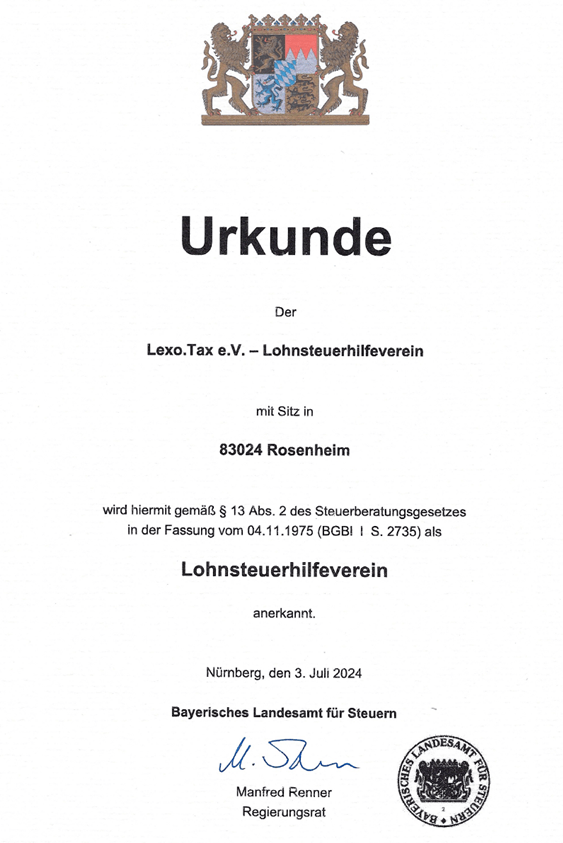 Urkunde der Anerkennung als Lohnsteuerhilfeverein, lexo.tax e.V.
