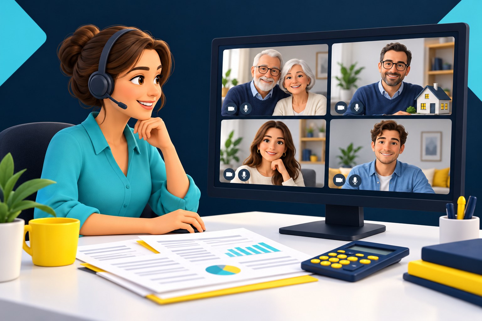 Illustration einer Beraterin in einer Videoberatung mit Rentnerpaar, Anlegerin und Vermieter