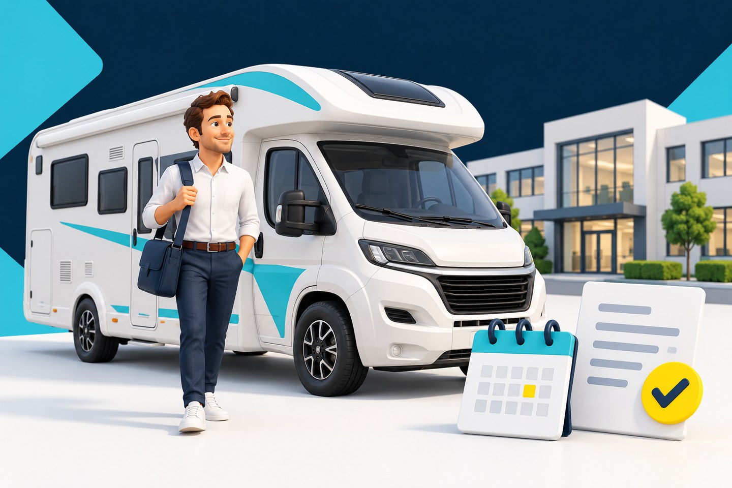 Illustration eines Arbeitnehmers mit Wohnmobil vor einem Bürogebäude, daneben Kalender und Unterlagen