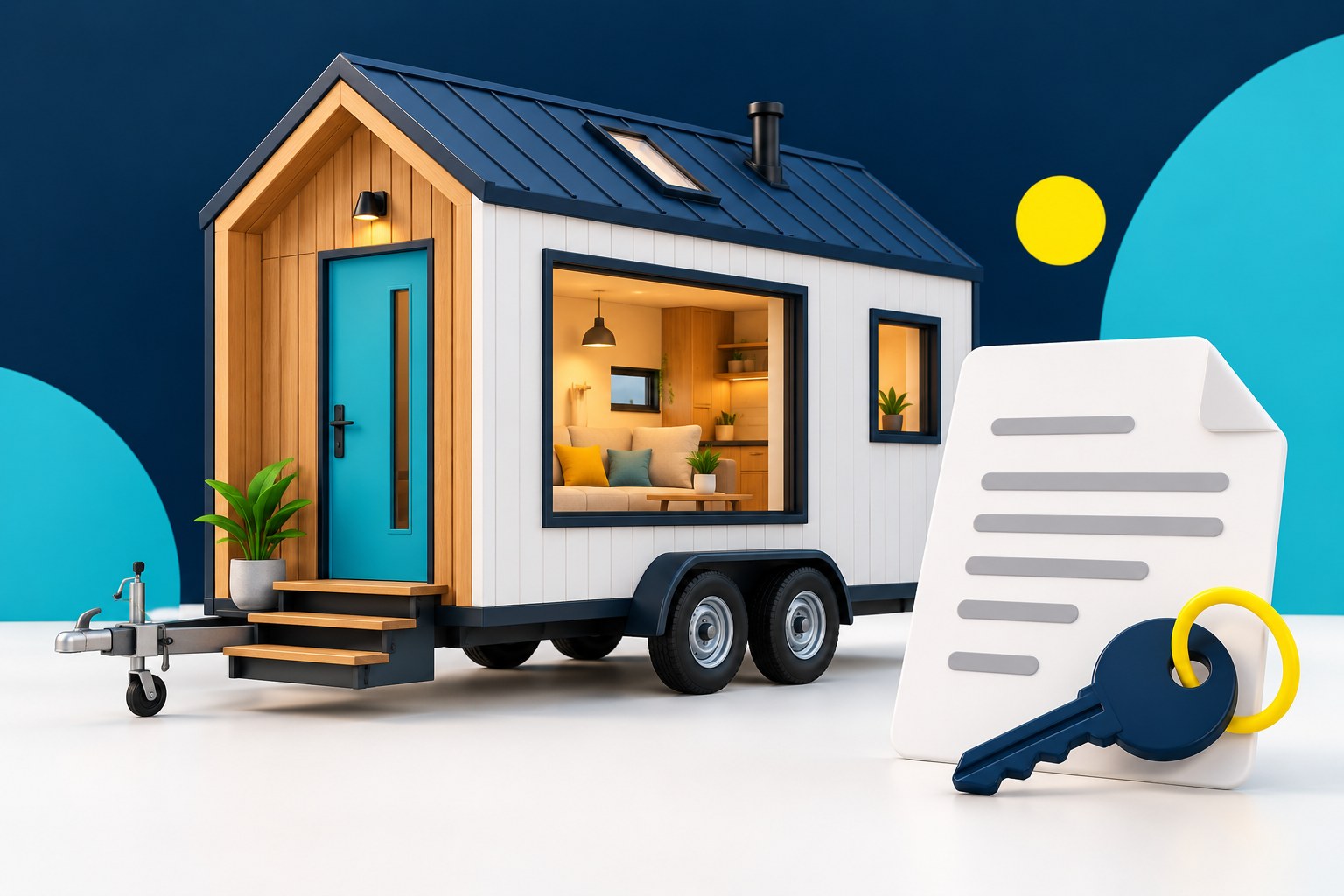 Illustration eines Tiny House auf Rädern mit Schlüssel und Unterlagen