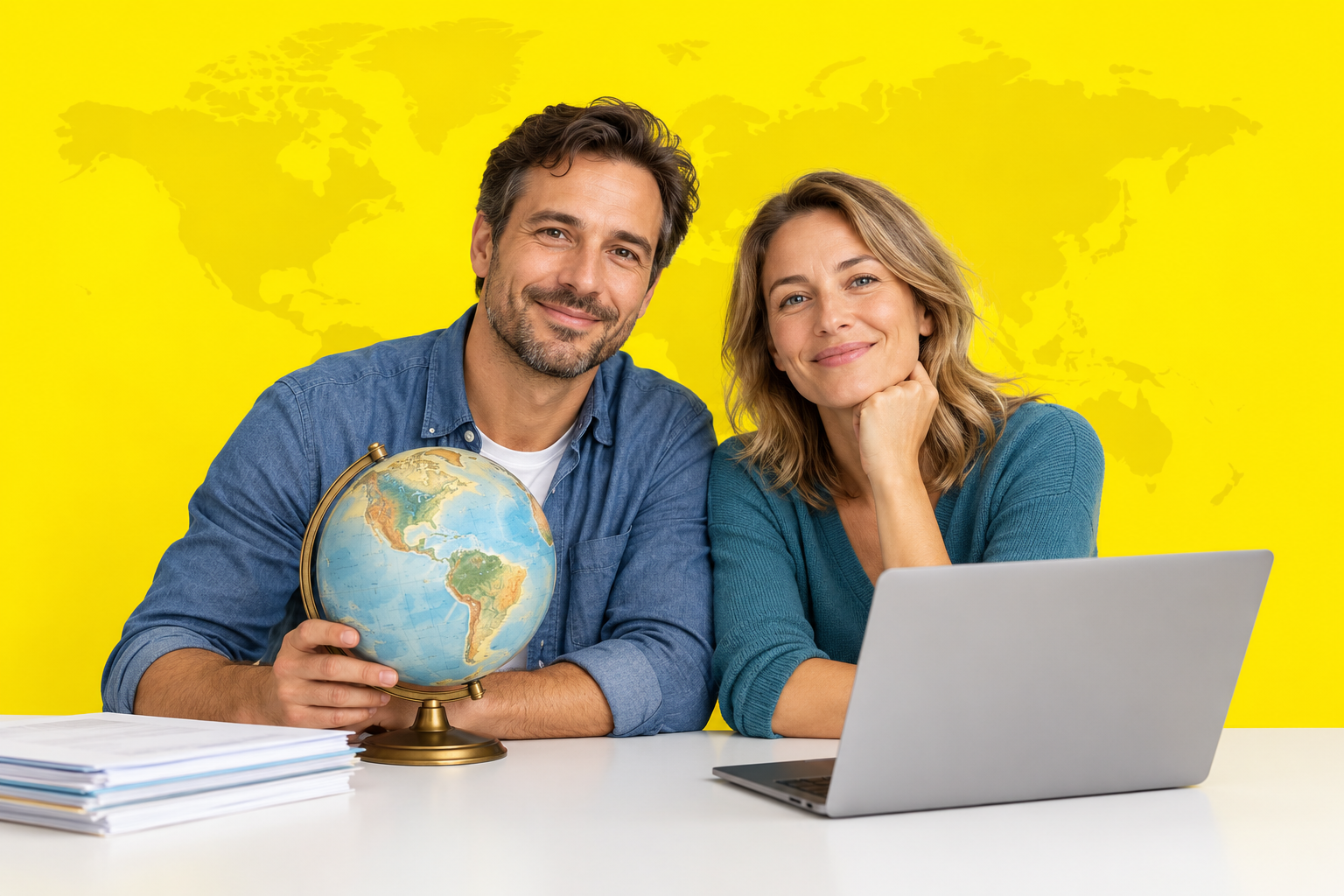 Paar mit Globus und Laptop vor einer Weltkarte