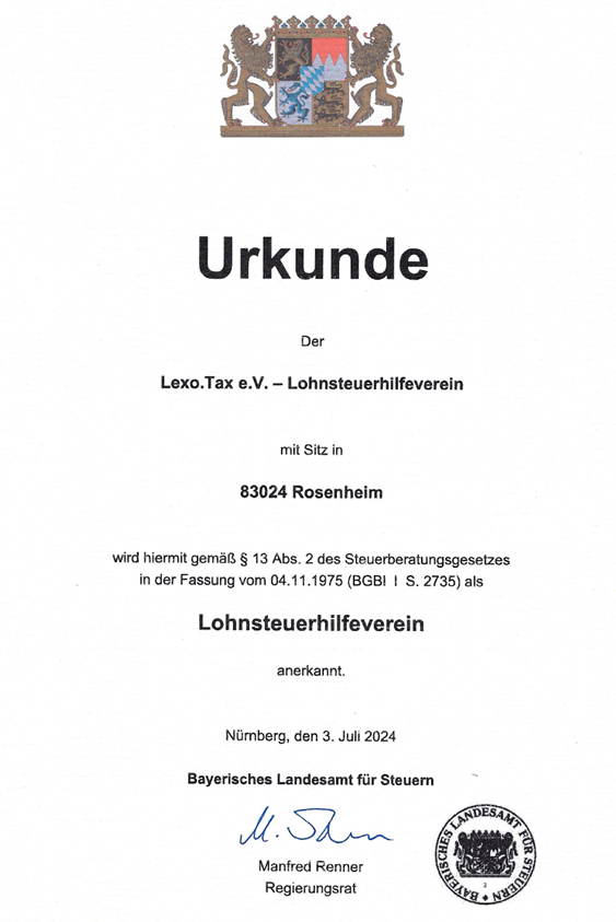 Urkunde Anerkennung Lohnsteuerhilfeverein lexo.tax